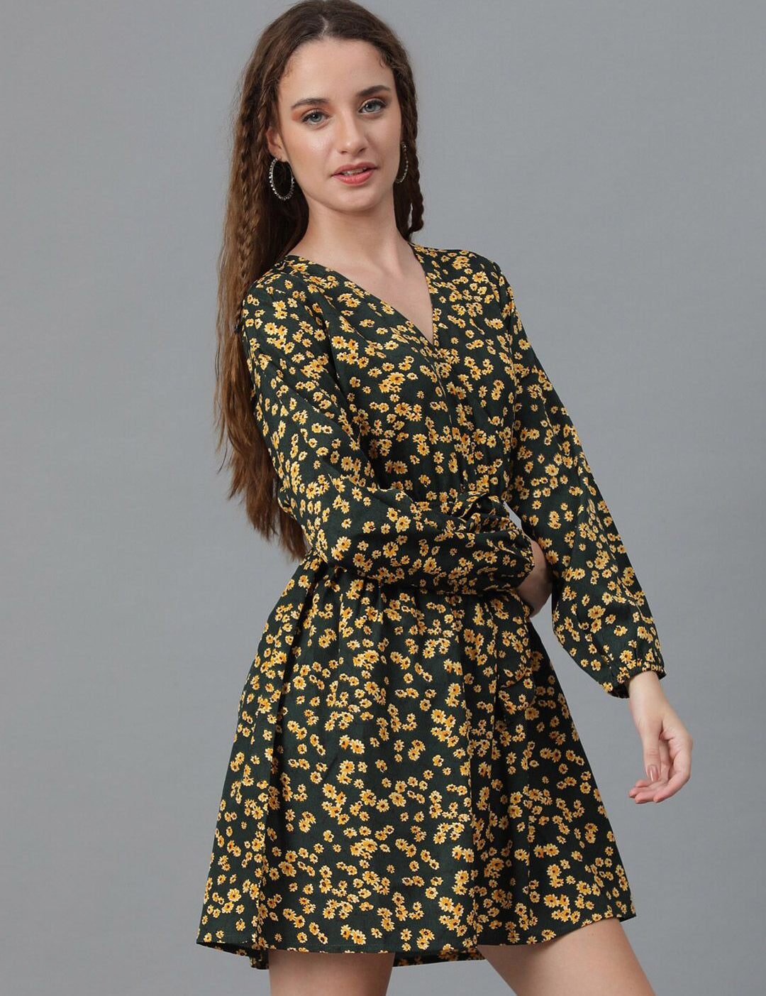 Kotty Black & Black Floral Printed V-Neck Long Sleeves Fit & Flare Dress