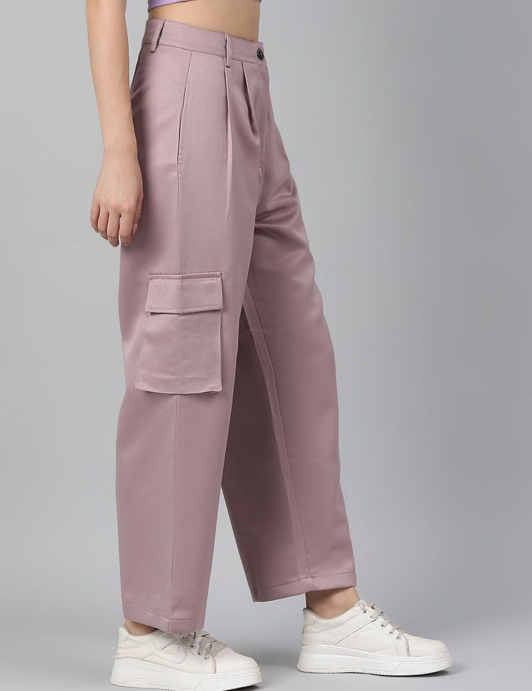 Kotty Women Pink Straight Fit High-Rise Easy Wash Cargos Trousers