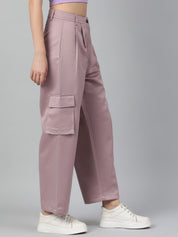 Kotty Women Pink Straight Fit High-Rise Easy Wash Cargos Trousers