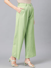 Kotty Women Green High-Rise Easy Wash Pleated Parallel Trousers