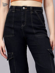 KOTTY Basics Women Straight Fit High-Rise Mildly Distressed Stretchable Cargo Styles Jeans