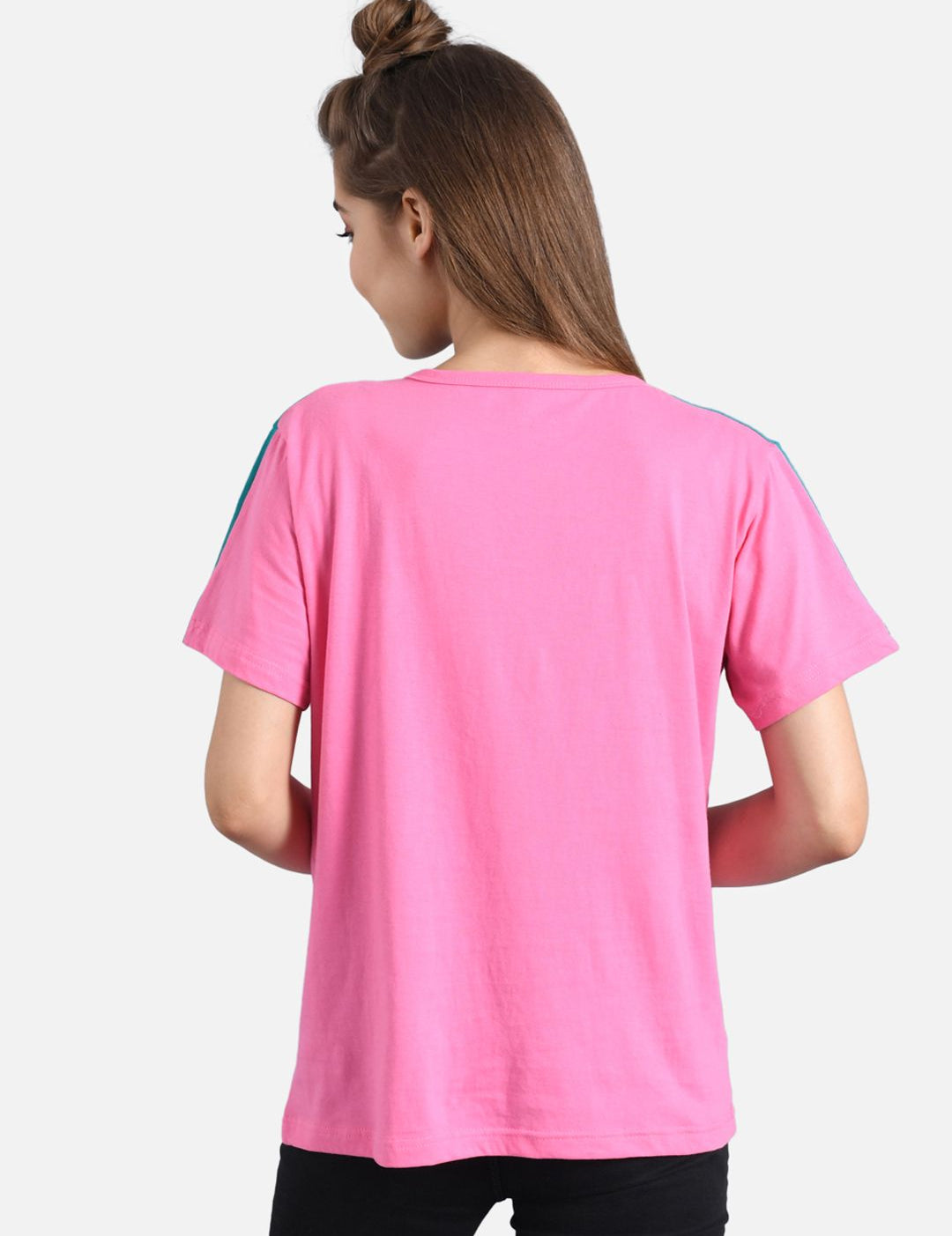 Kotty Women Pink & Green Colourblocked Round Neck T-shirt