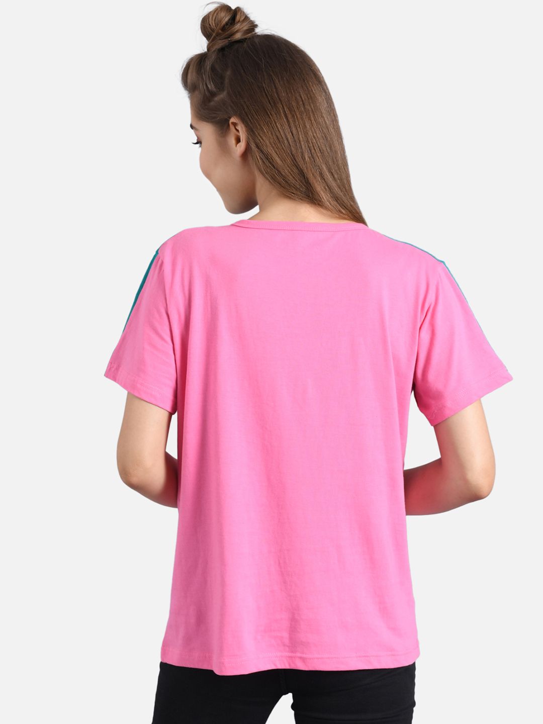 Kotty Women Pink & Green Colourblocked Round Neck T-shirt