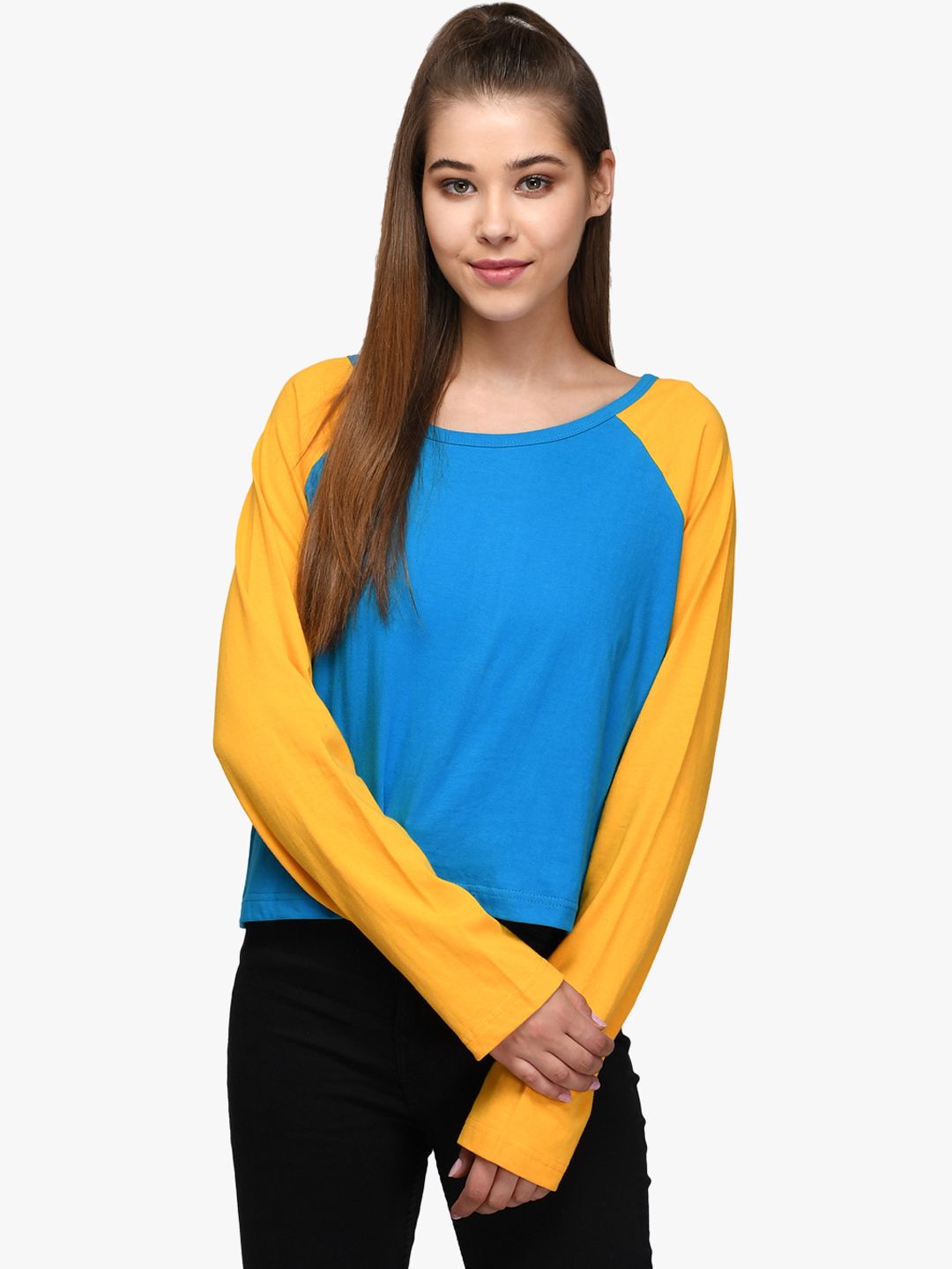 Kotty Women Blue & Yellow Colourblocked Round Neck T-shirt