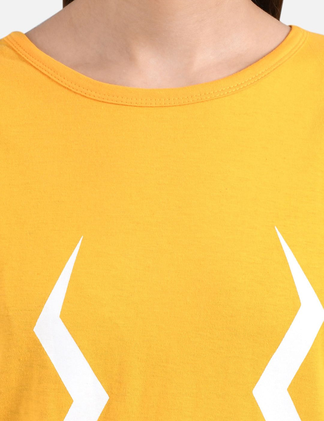 Kotty Women Mustard Yellow & White Printed Round Neck T-shirt