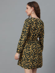 Kotty Yellow Floral Printed Puff Sleeves Fit & Flare Dress