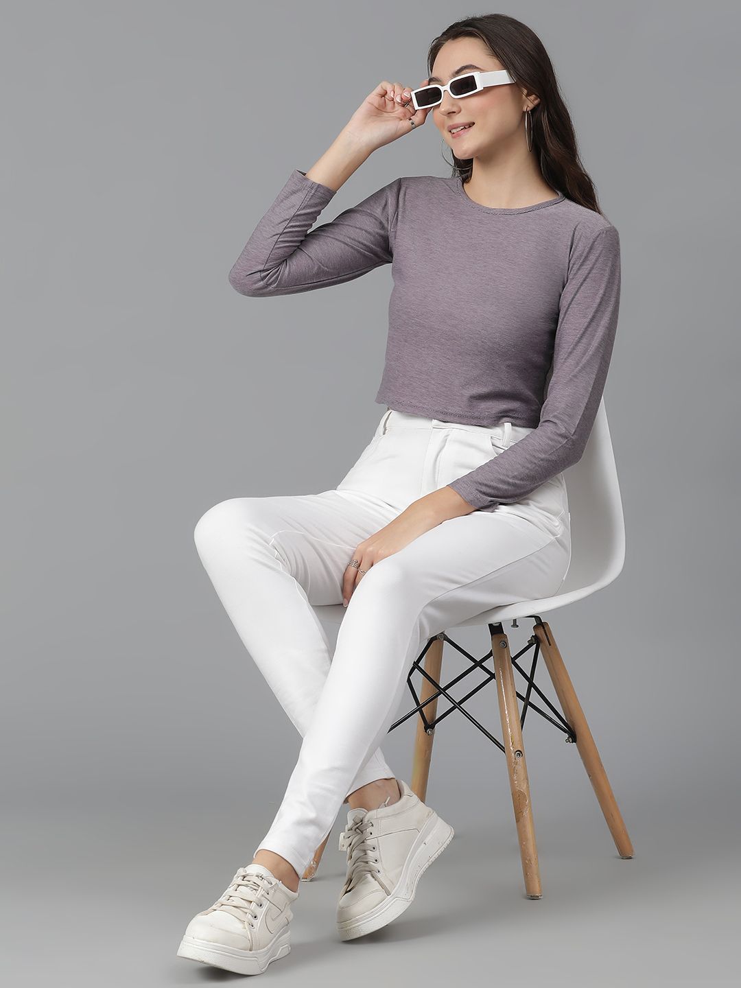 KOTTY Basics Brown Long Sleeves Crop Slim Fit Cotton Casual T-shirt