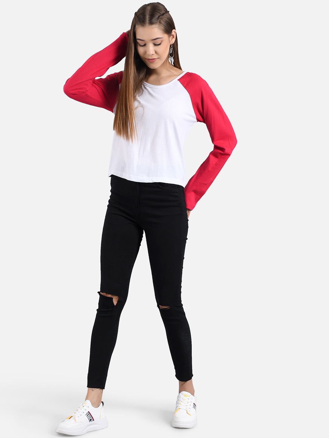 Kotty Women White & Red Colourblocked Boat Neck T-shirt