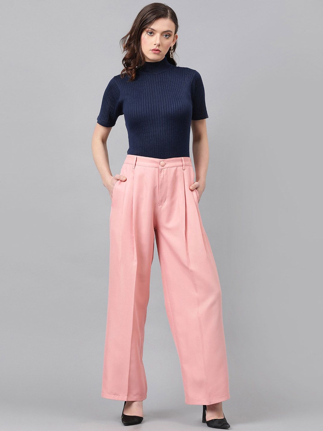 CURVE BY KOTTY BIZwear Women Relaxed Straight Leg High-Rise Easy Wash Pleated Trouser