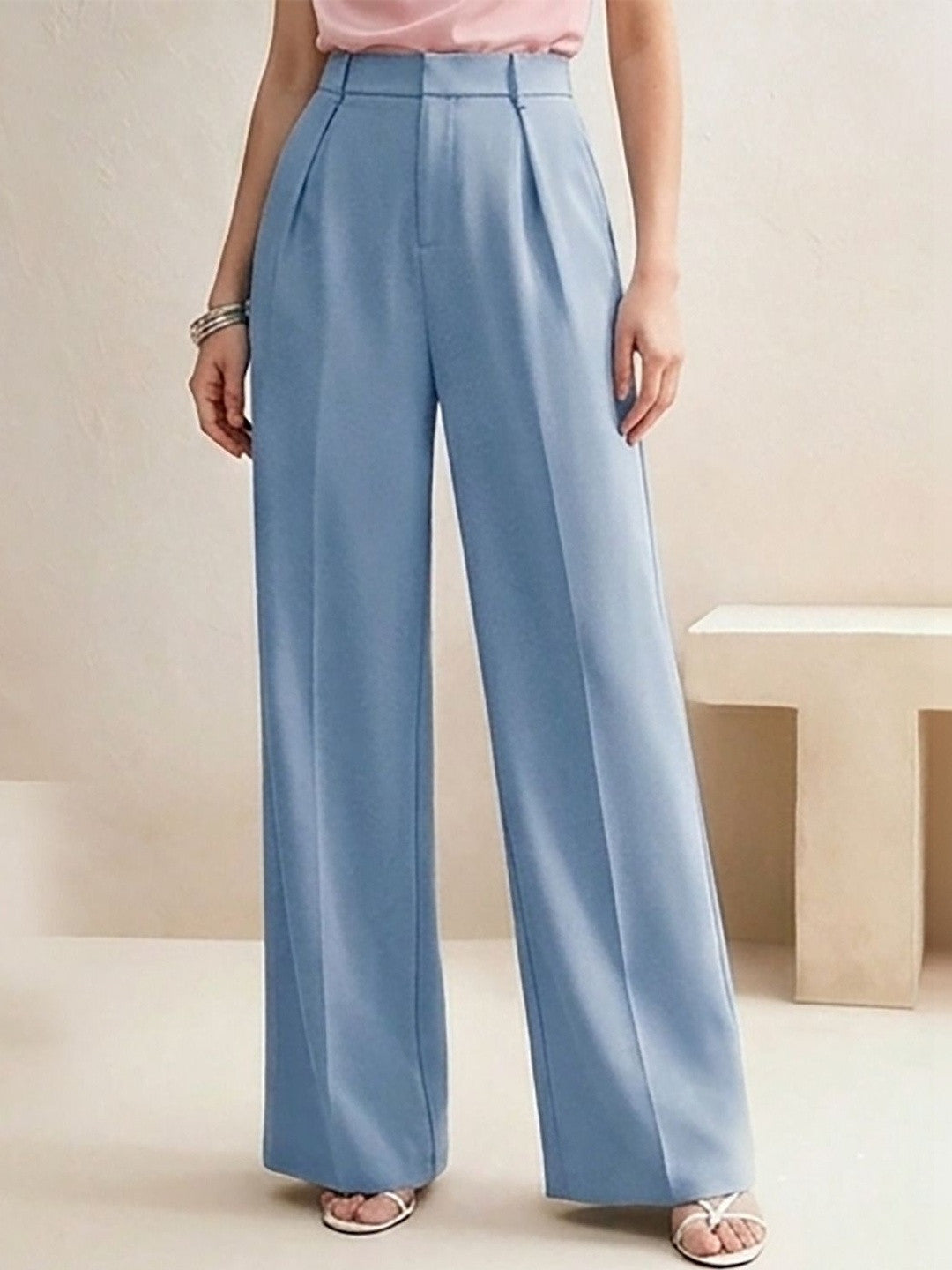 Blue Straight Fit High-Rise Trousers for Women | Kotty