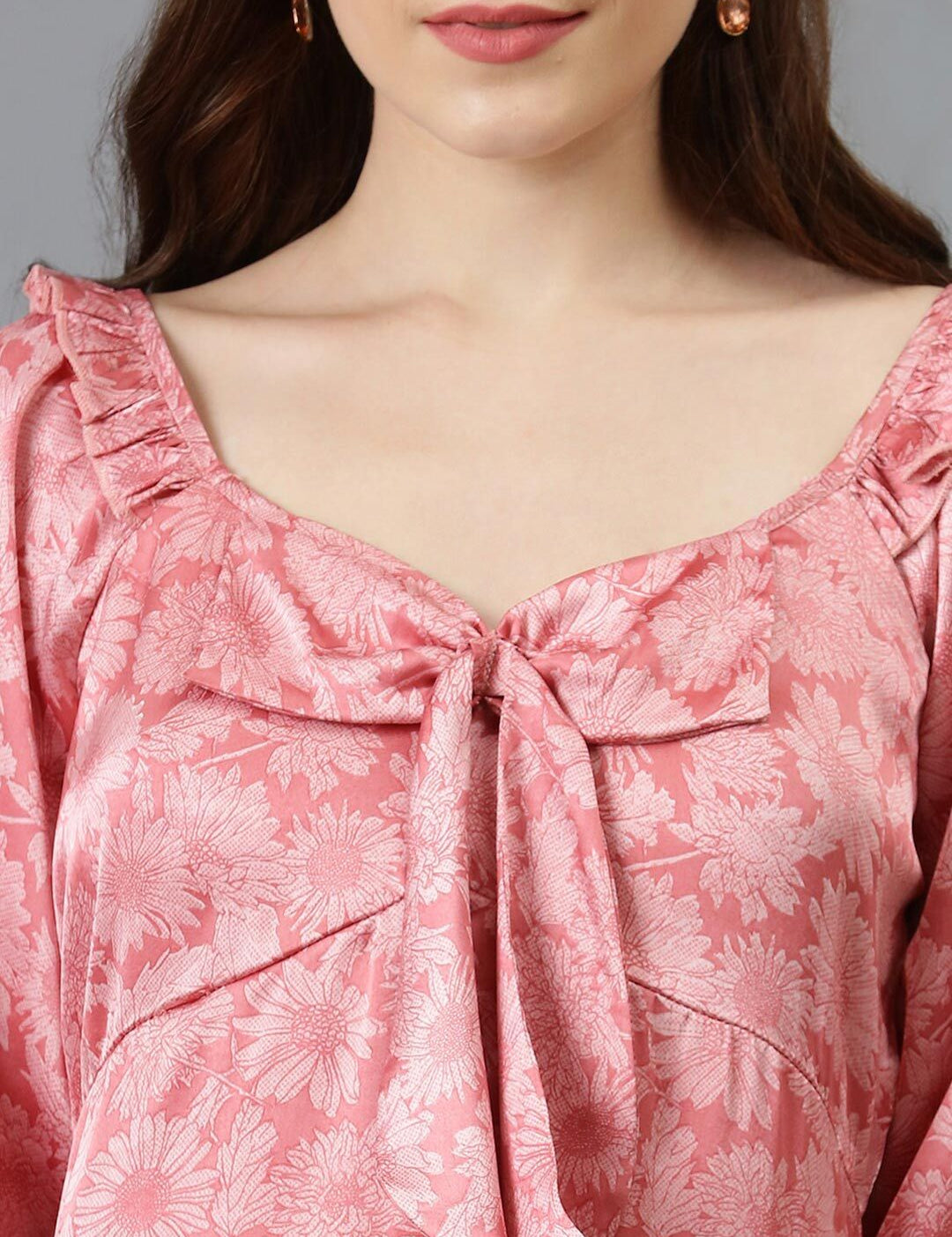 Kotty Pink Floral Printed Sweetheart Neck Bell Sleeves Tie-Ups Satin A-Line Dress