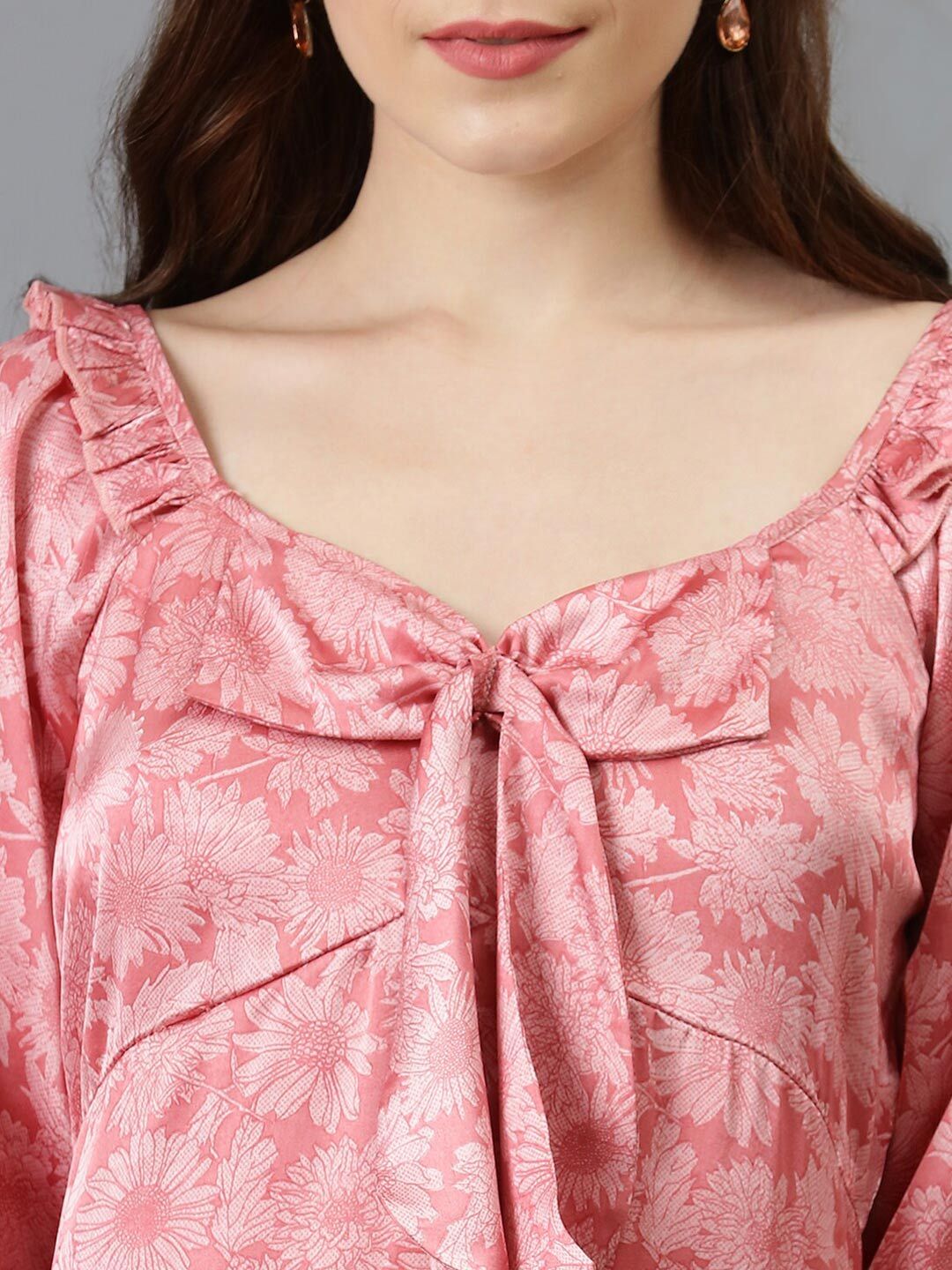 Kotty Pink Floral Printed Sweetheart Neck Bell Sleeves Tie-Ups Satin A-Line Dress