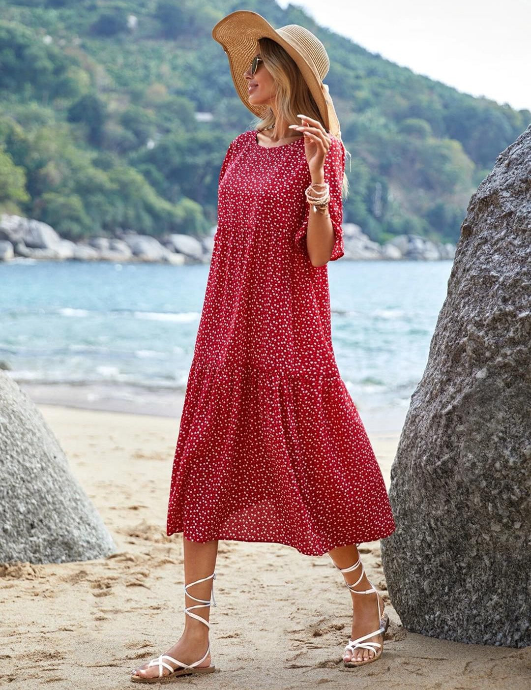 Kotty Red & White Abstract Printed Bell Sleeves A-Line Midi Dress