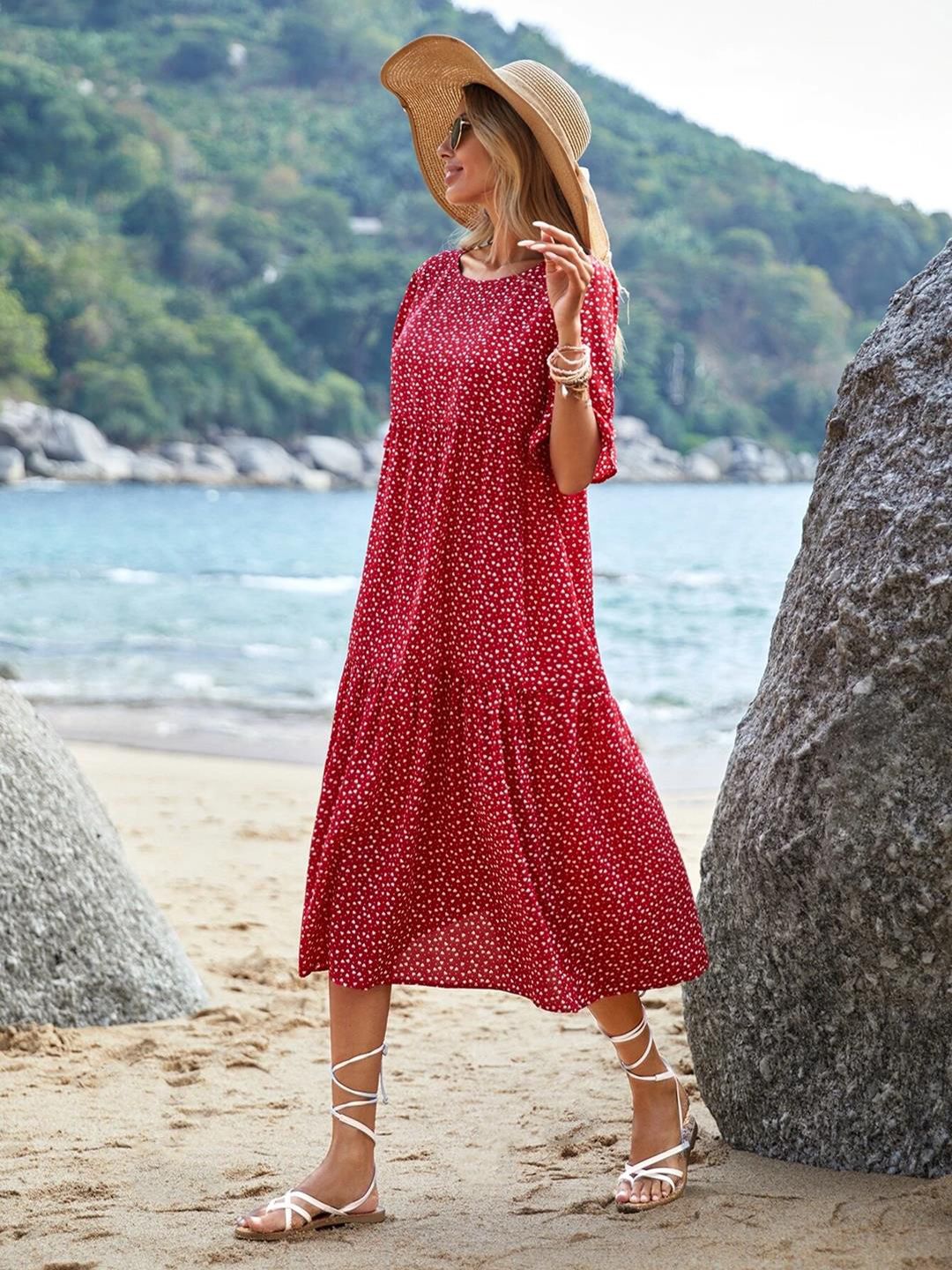 Kotty Red & White Abstract Printed Bell Sleeves A-Line Midi Dress