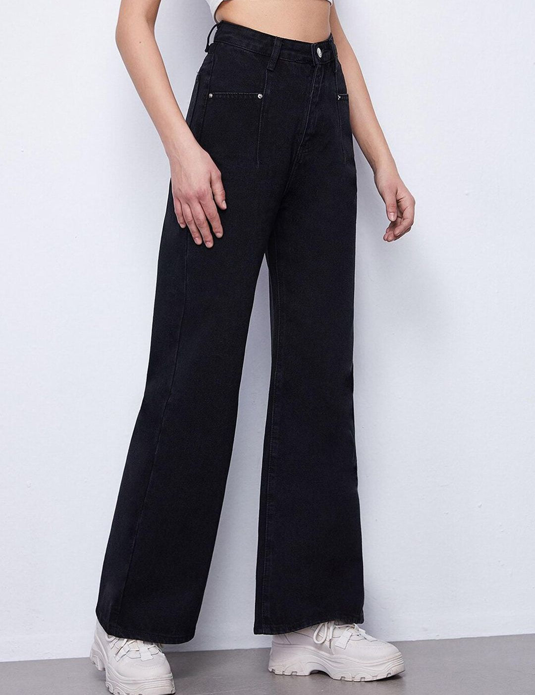 Kotty Women Black Jean Flared High-Rise Low Distress Stretchable Jeans