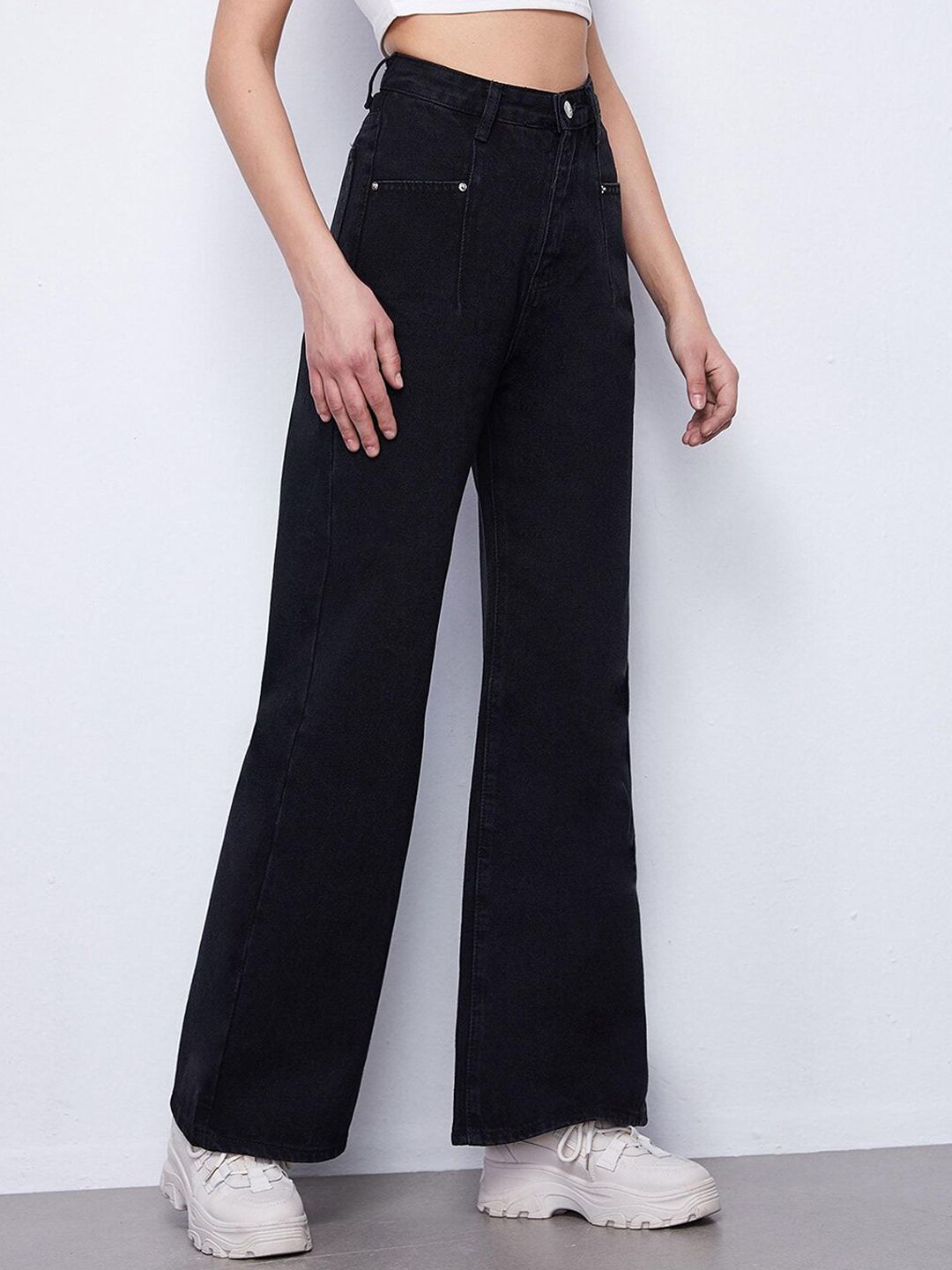 Kotty Women Black Jean Flared High-Rise Low Distress Stretchable Jeans