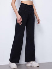 Kotty Women Black Jean Flared High-Rise Low Distress Stretchable Jeans