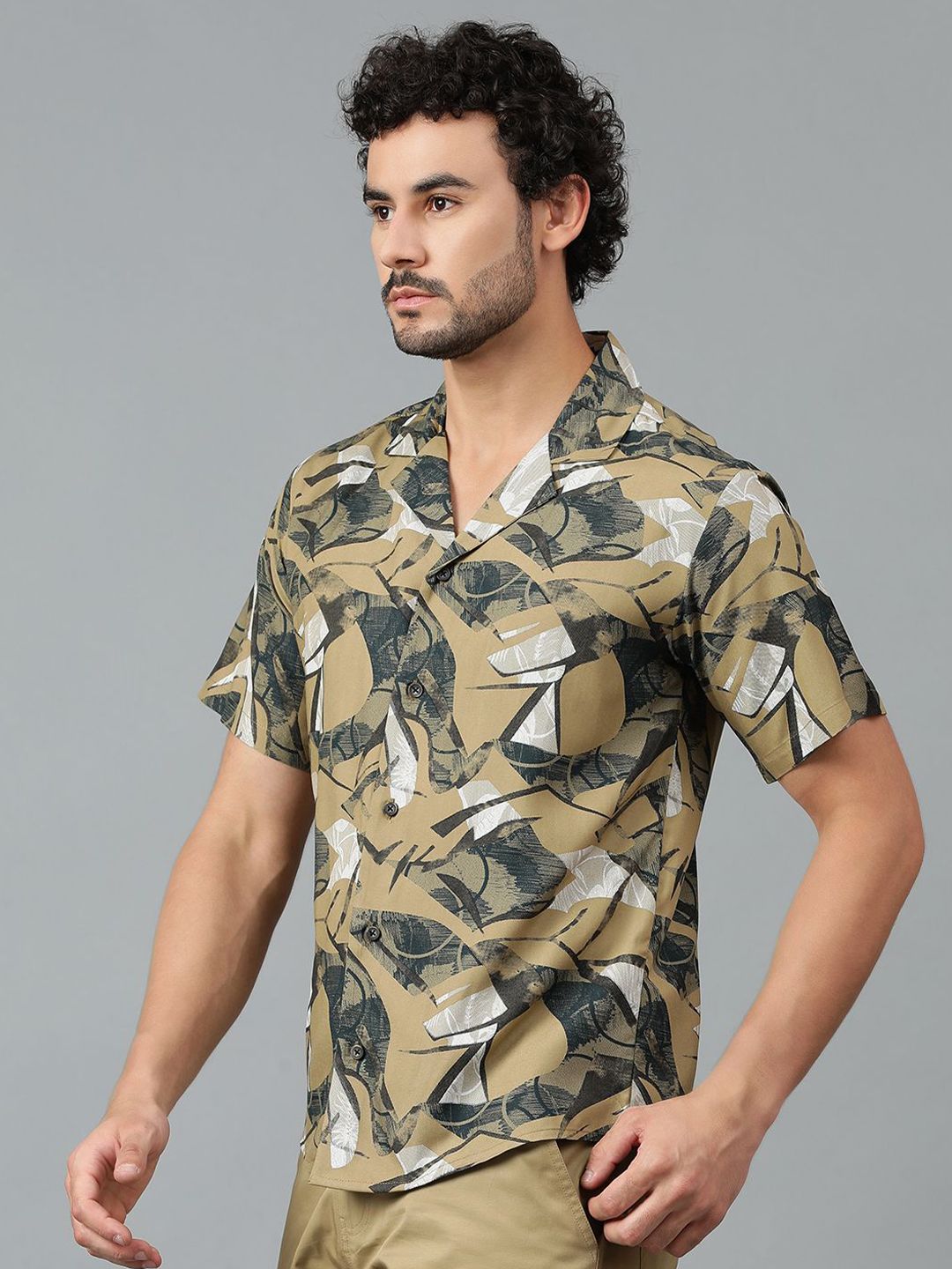Kotty Men Cuban Collar Abstract Printed Casual Shirt