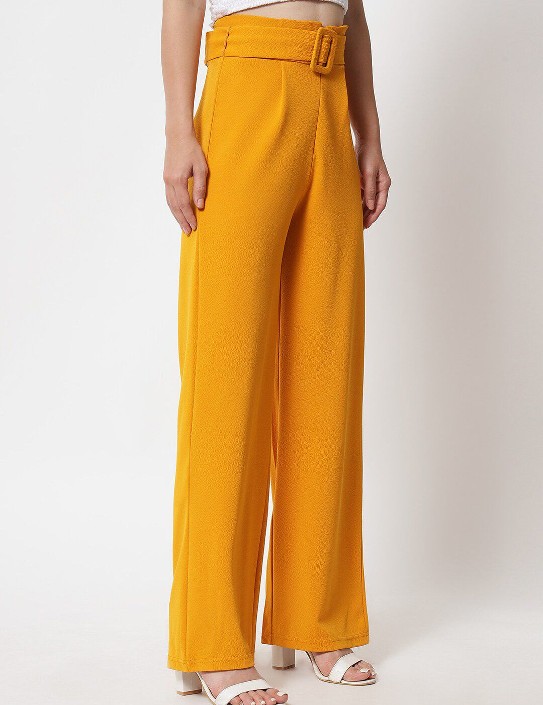 KOTTY BIZwear Women Yellow Relaxed Straight Fit High-Rise Easy Wash Pleated Trousers