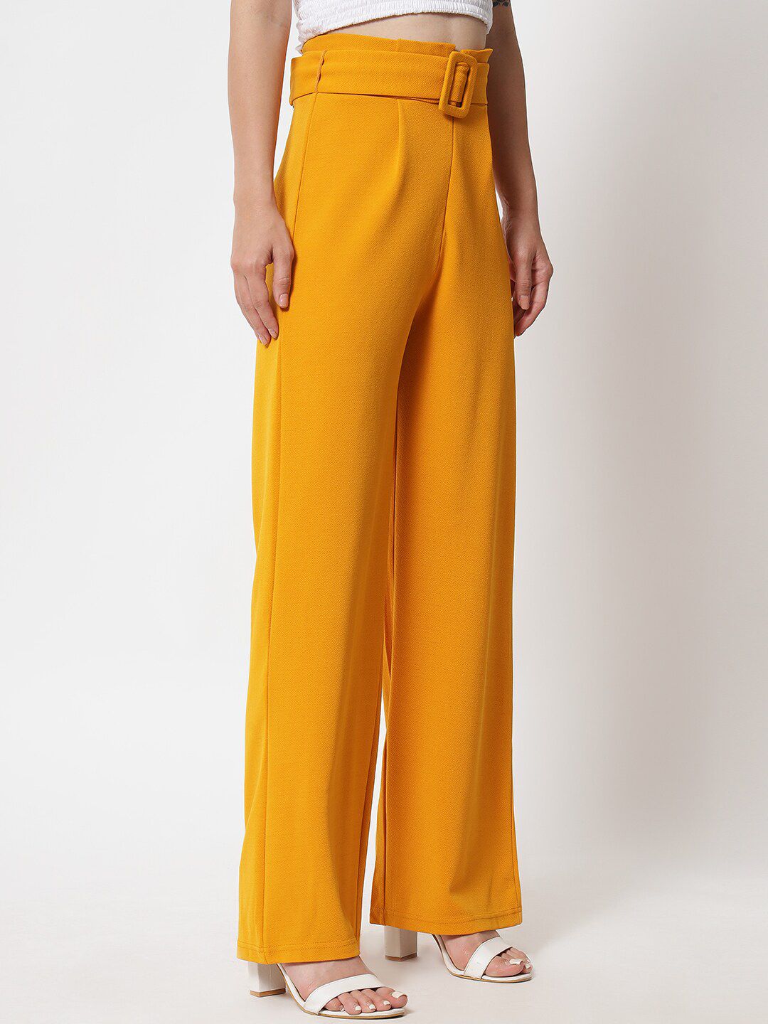 KOTTY BIZwear Women Yellow Relaxed Straight Fit High-Rise Easy Wash Pleated Trousers