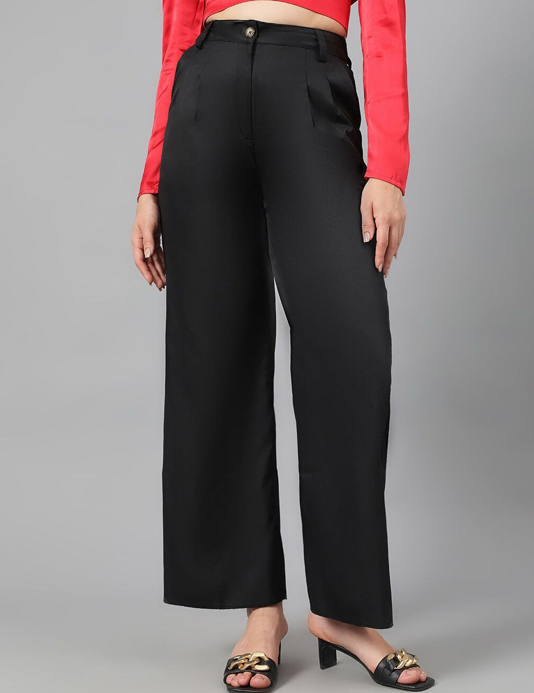 Kotty Women Black Relaxed Straight Leg Fit High-Rise Easy Wash Parallel Trousers