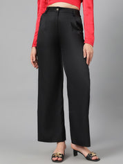 Kotty Women Black Relaxed Straight Leg Fit High-Rise Easy Wash Parallel Trousers