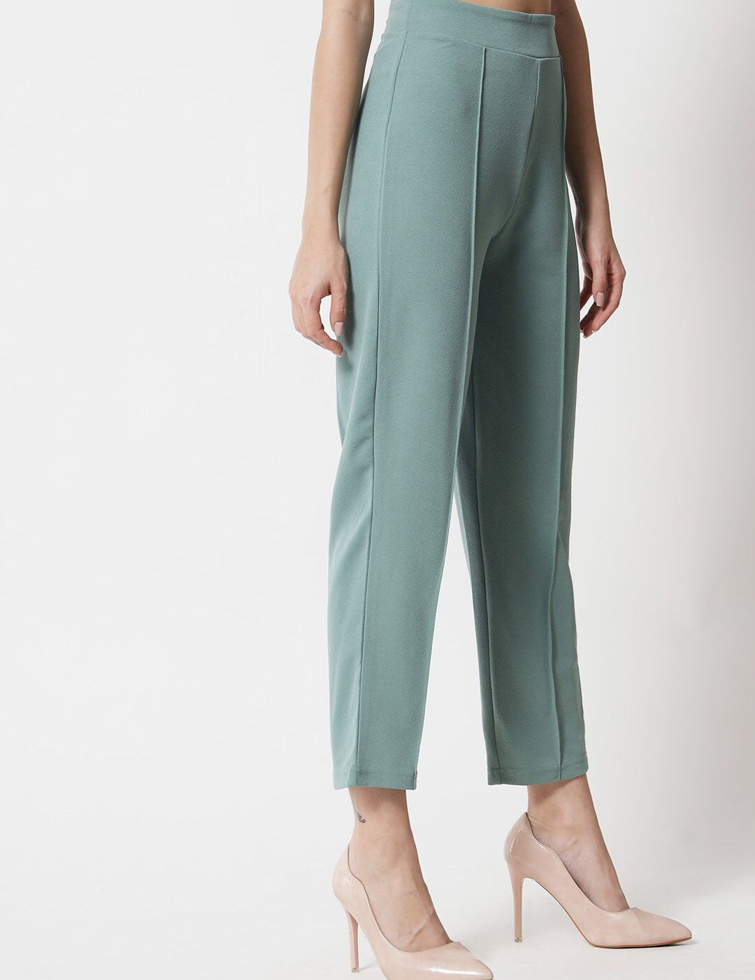 Kotty Women Green Relaxed Straight Fit High-Rise Easy Wash Trousers