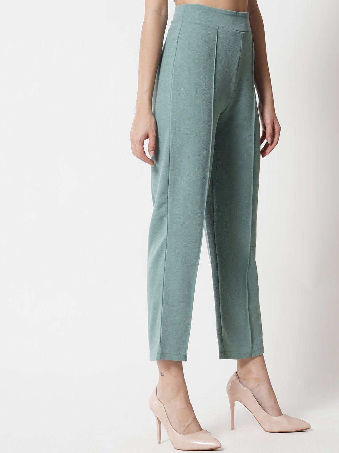 Kotty Women Green Relaxed Straight Fit High-Rise Easy Wash Trousers