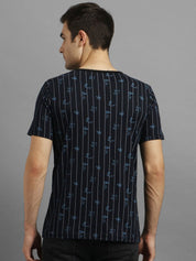 Kotty Men Navy Blue Striped V-Neck T-shirt