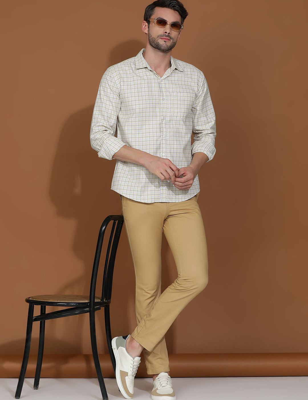 Kotty White & Yellow New Grid Tattersall Checks Spread Collar Casual Shirt