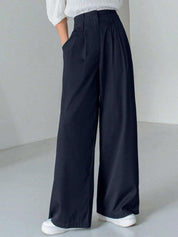Kotty Women Navy Blue Relaxed Straight Leg Straight Fit High-Rise Parallel Trousers
