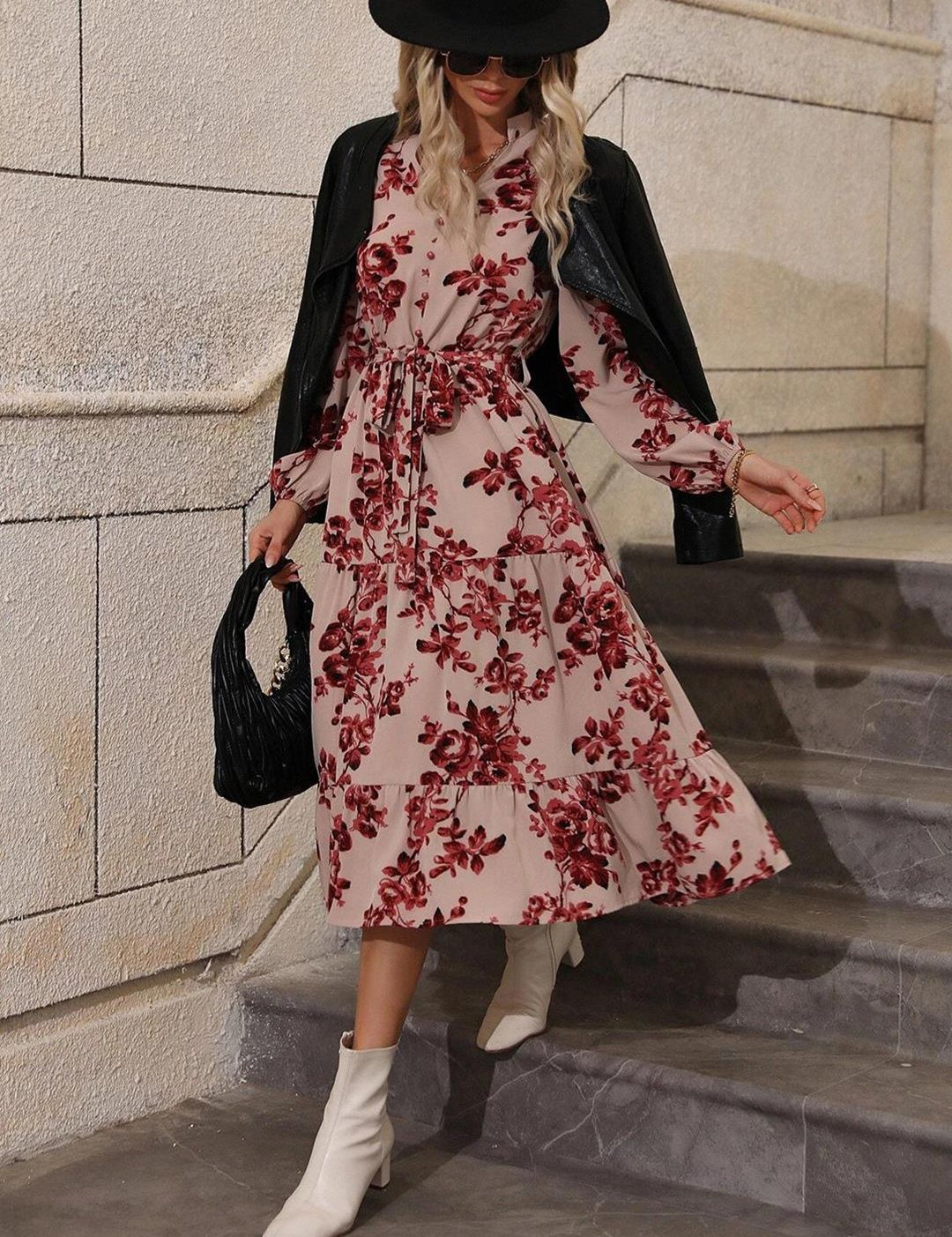 Kotty Beige & Maroon Printed Band Collar Puff Sleeves Crepe Tiered Fit & Flare Midi Dress