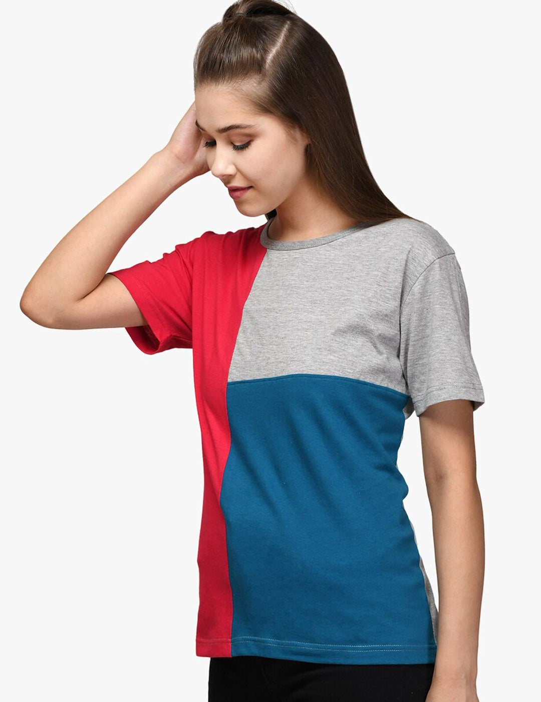 Kotty Women Red & Blue Colourblocked Round Neck T-shirt