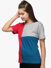Kotty Women Red & Blue Colourblocked Round Neck T-shirt