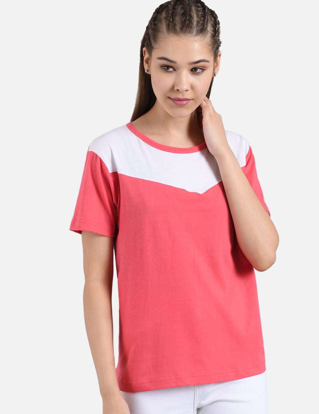 Kotty Women Pink & White Colourblocked Round Neck T-shirt