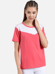 Kotty Women Pink & White Colourblocked Round Neck T-shirt