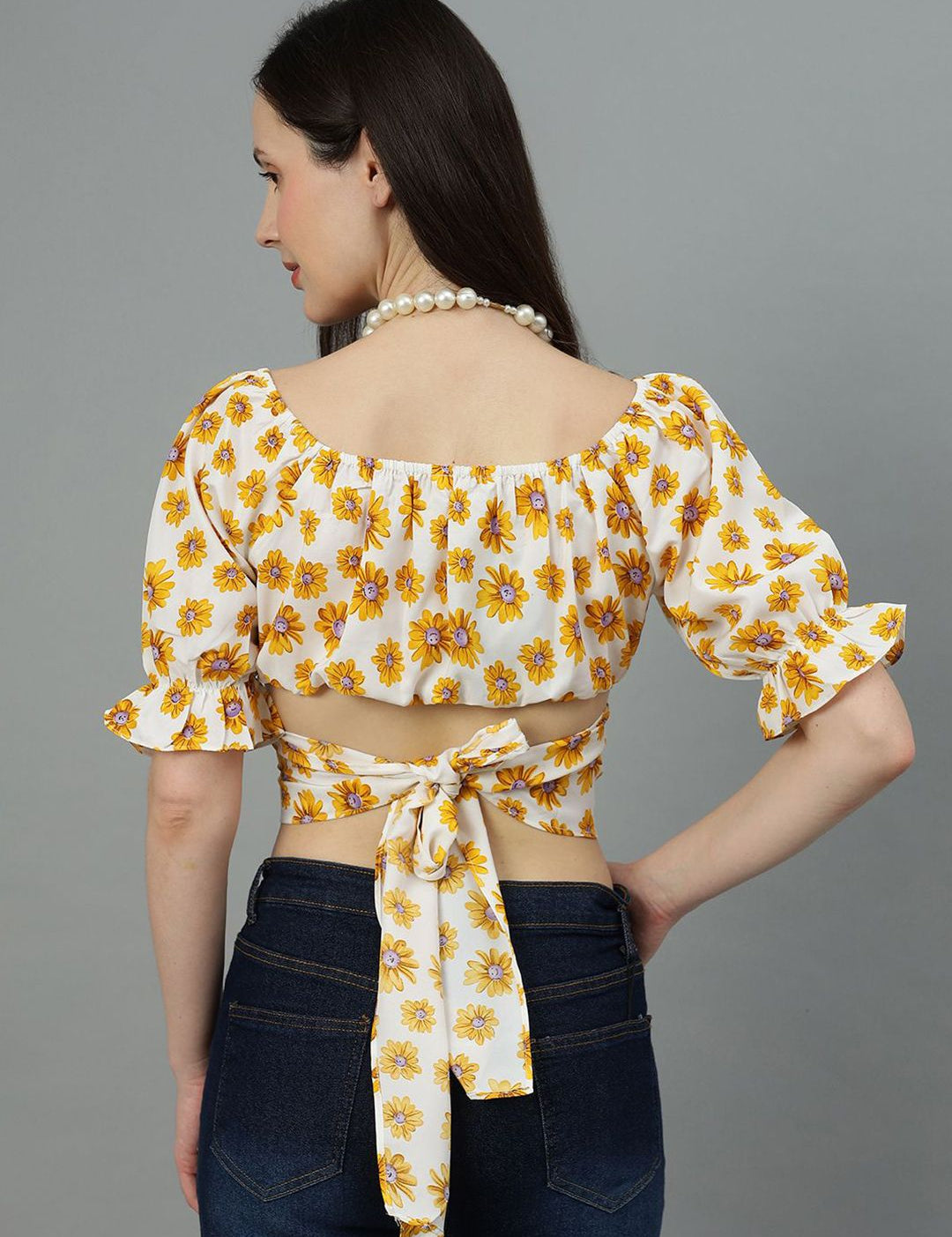 Kotty Women Floral Printed Puff Sleeve Crop Top