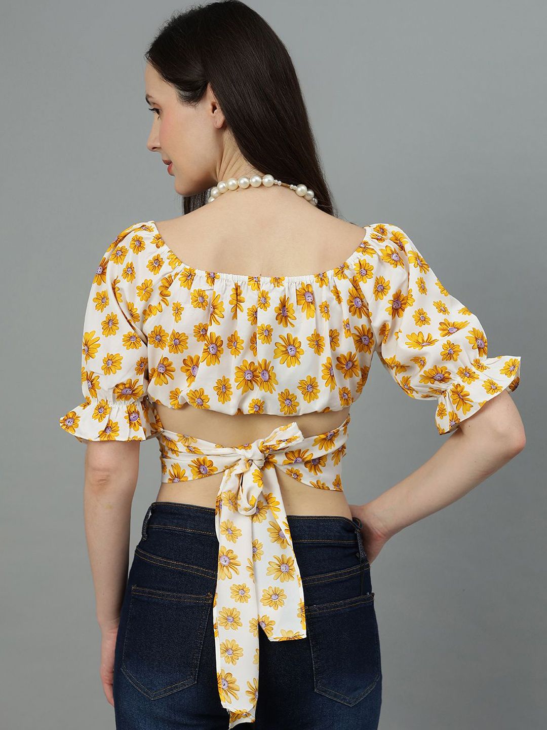 Kotty Women Floral Printed Puff Sleeve Crop Top