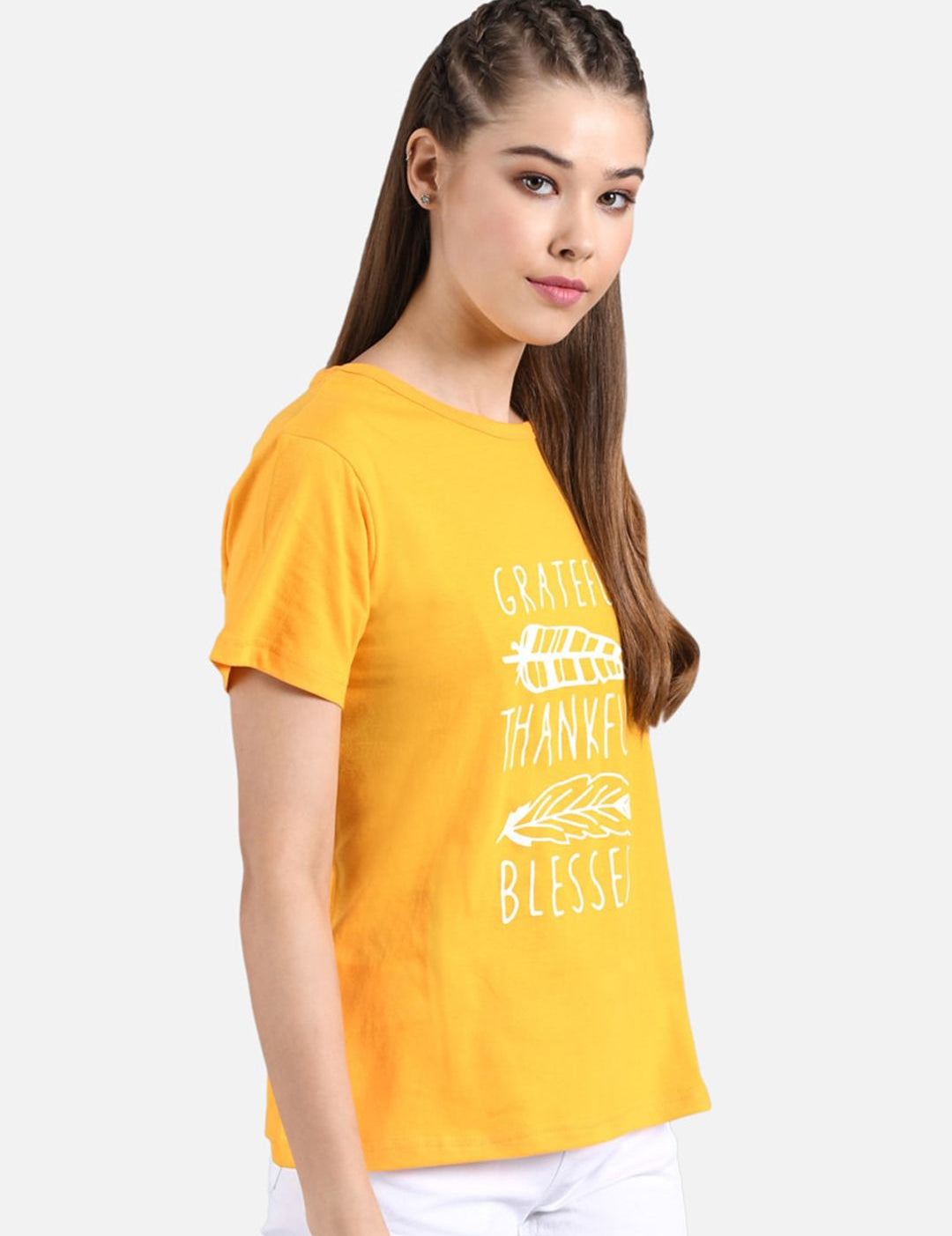 Kotty Women Yellow Printed Round Neck T-shirt