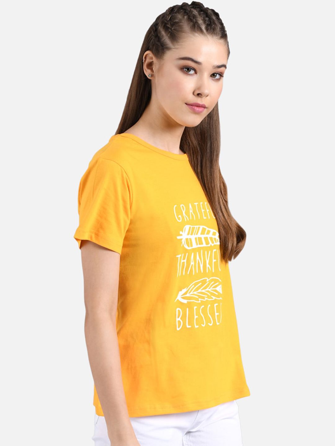 Kotty Women Yellow Printed Round Neck T-shirt