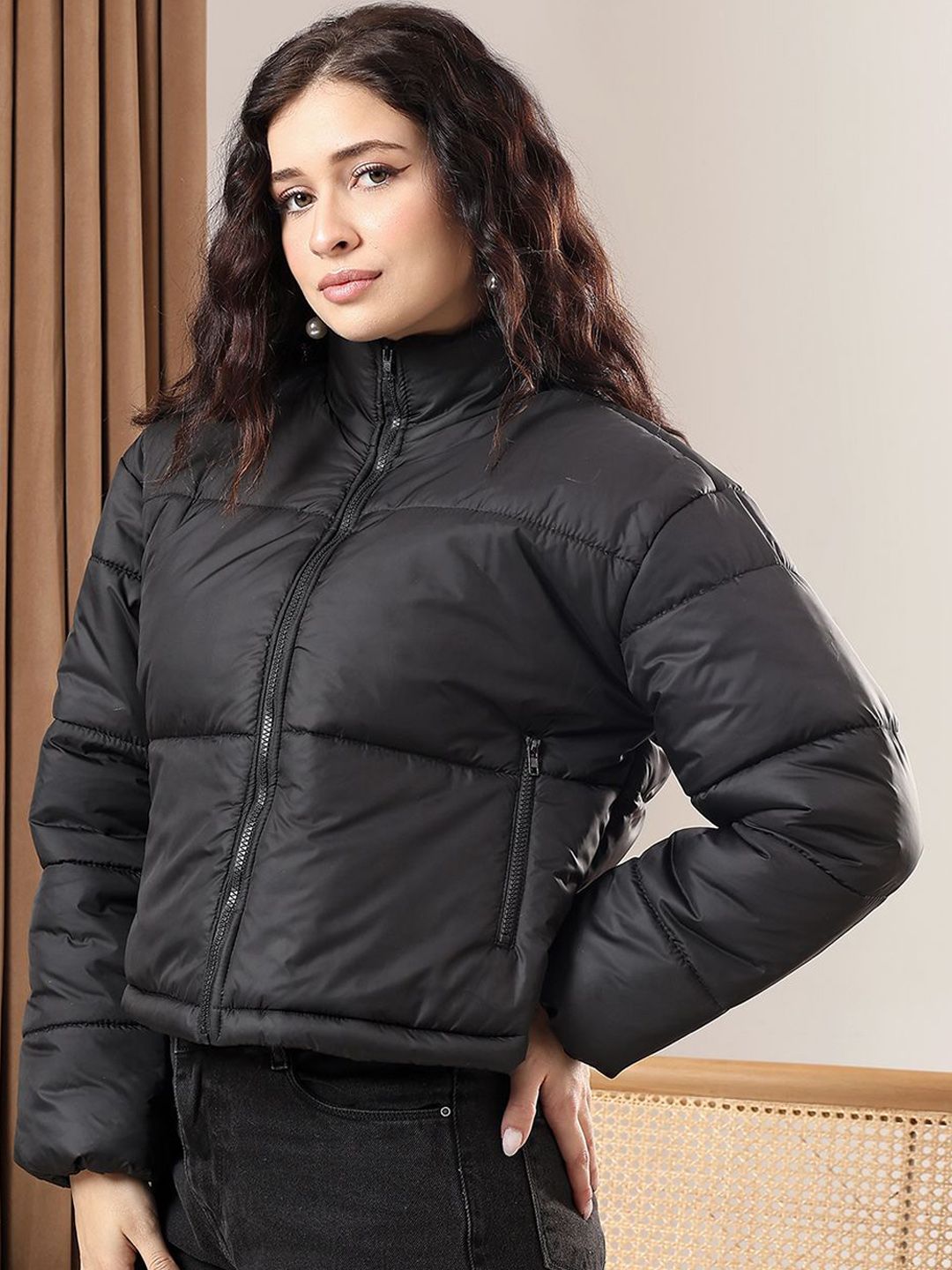 Kotty Women Mock Collar Solid Casual Puffer Insulator Jacket