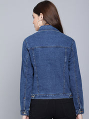 Kotty Women Blue Washed Lightweight Crop Denim Jacket with Patchwork