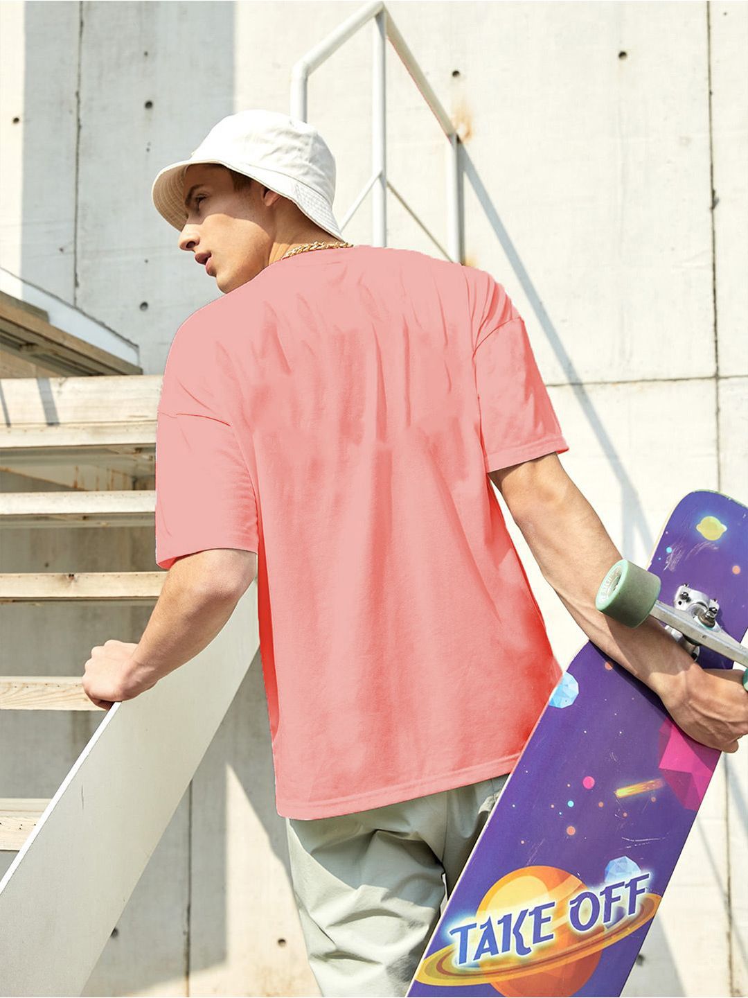 Kotty Pink Drop-Shoulder Sleeves Oversized Cotton Casual T-Shirt