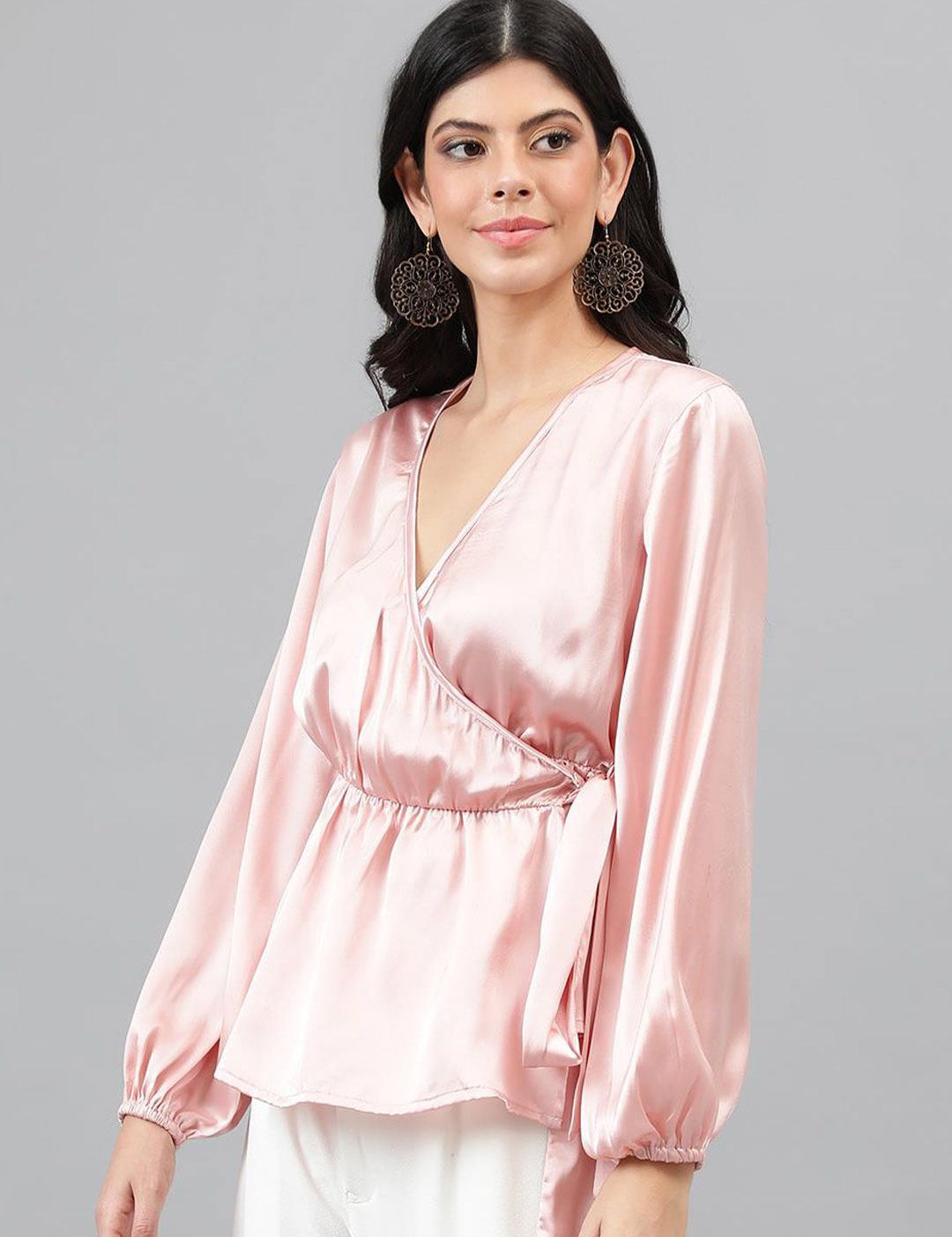 Kotty Pink Cuffed Sleeve Satin Wrap Waist Top