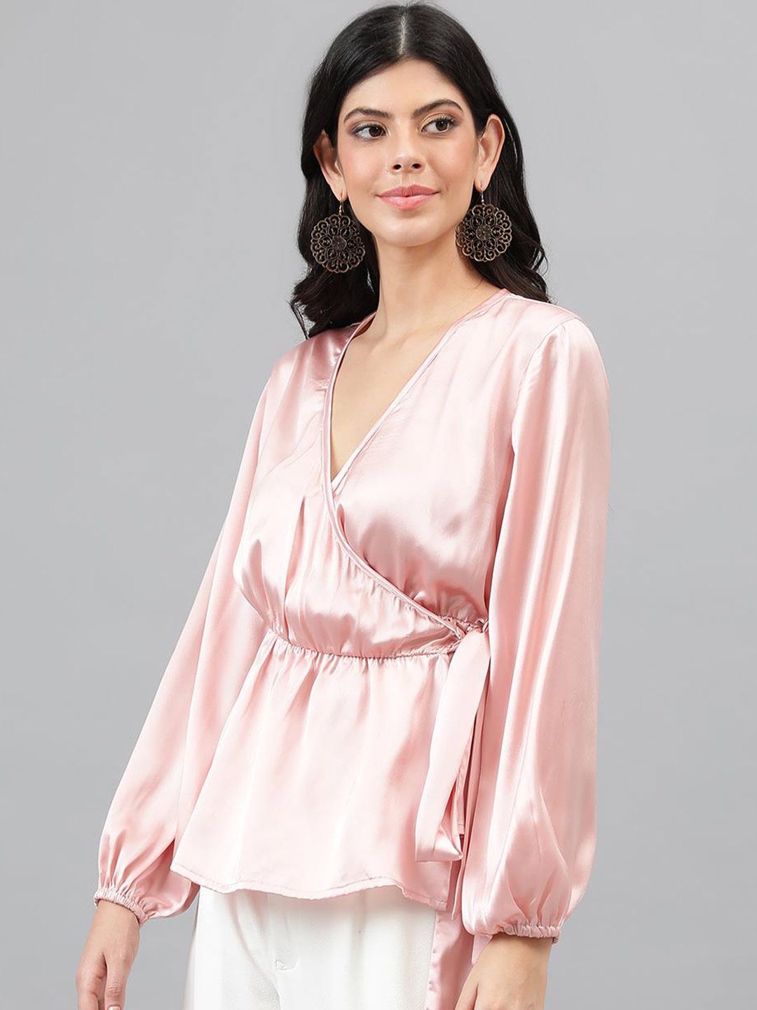 Kotty Pink Cuffed Sleeve Satin Wrap Waist Top
