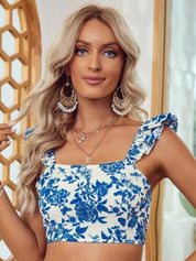 Kotty White Floral Printed Ruffled Crepe Bralette Crop Top