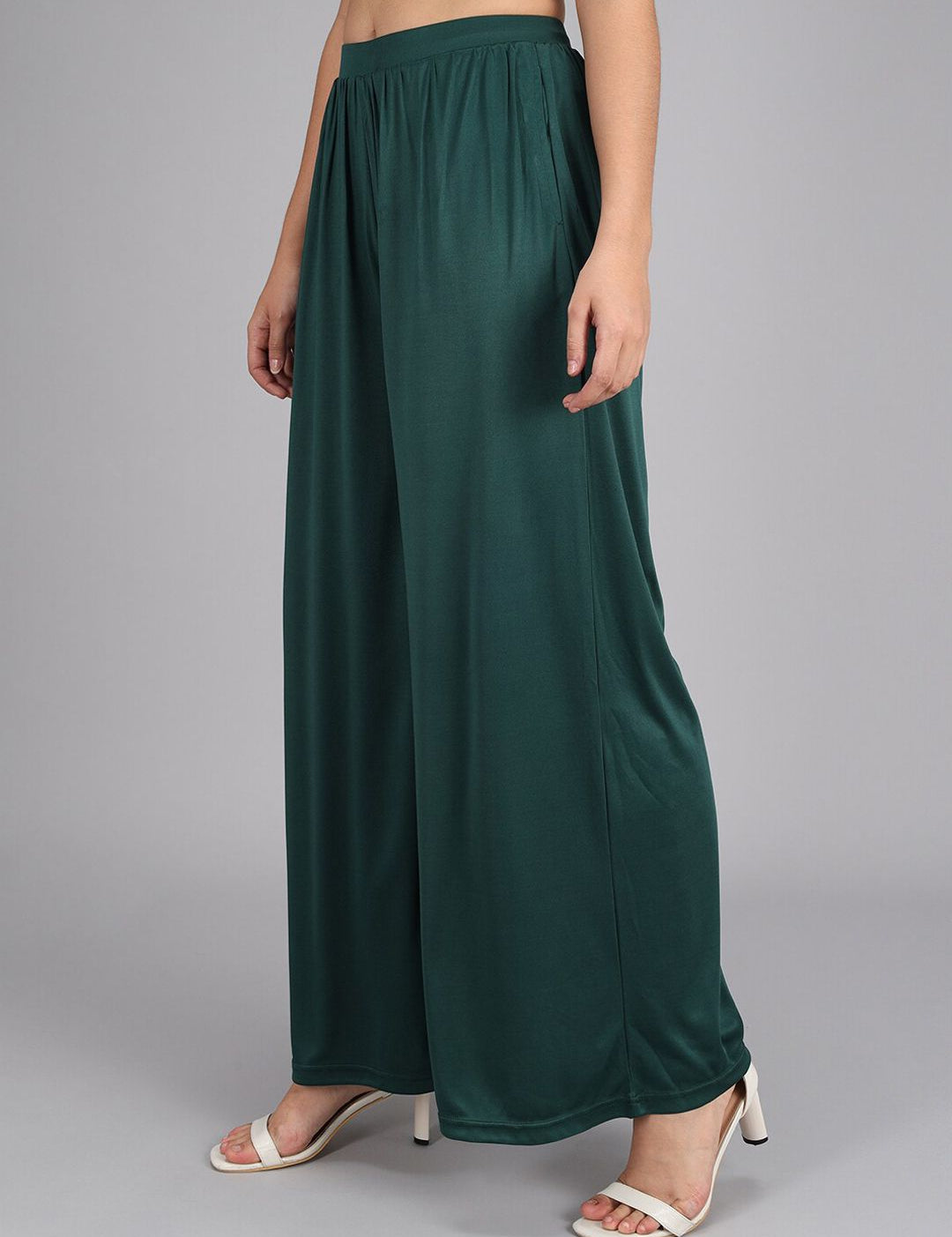 Kotty Women Green Flared High-Rise Pleated Parallel Trousers