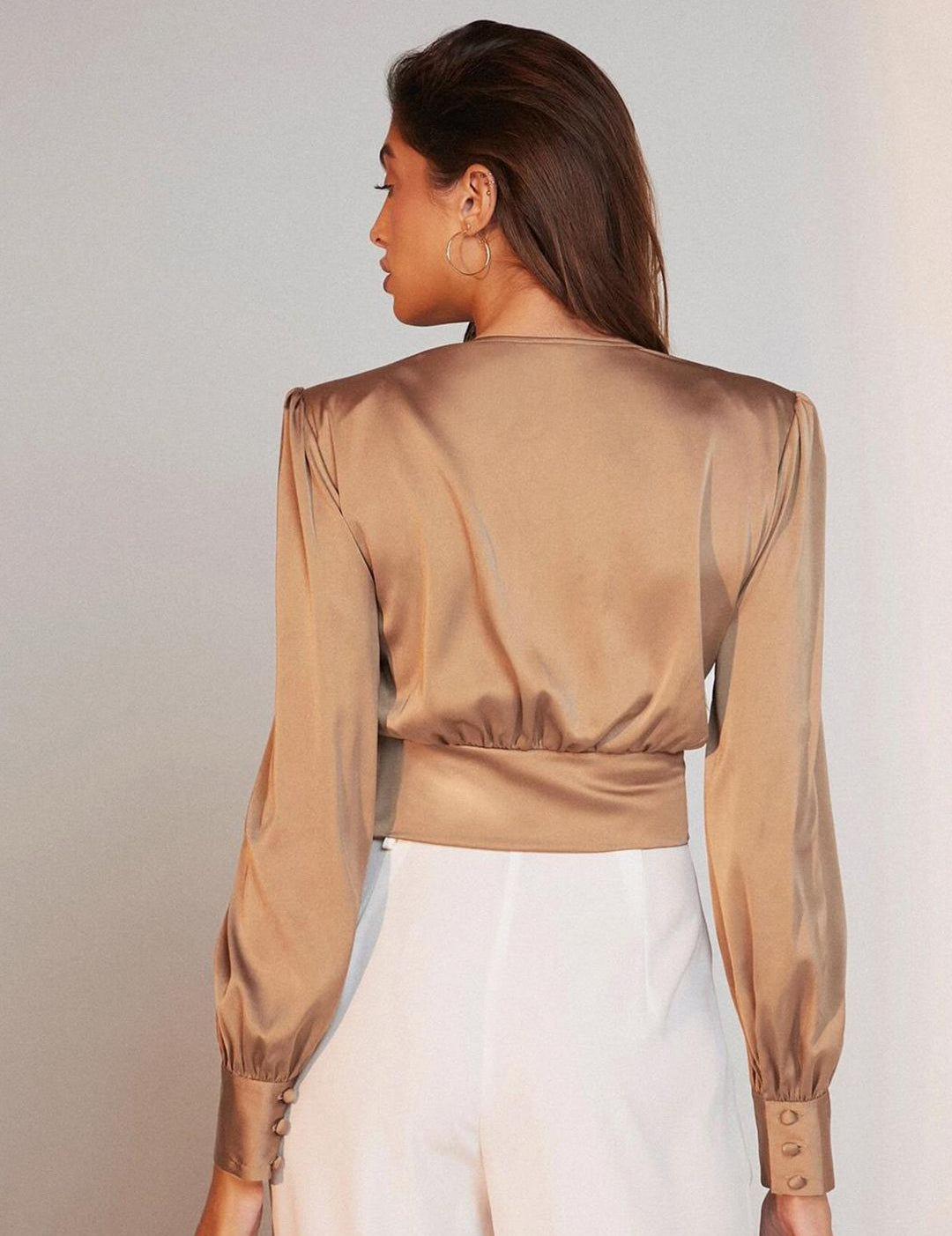 Kotty Brown Puff Sleeve Satin Wrap Top