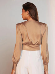 Kotty Brown Puff Sleeve Satin Wrap Top