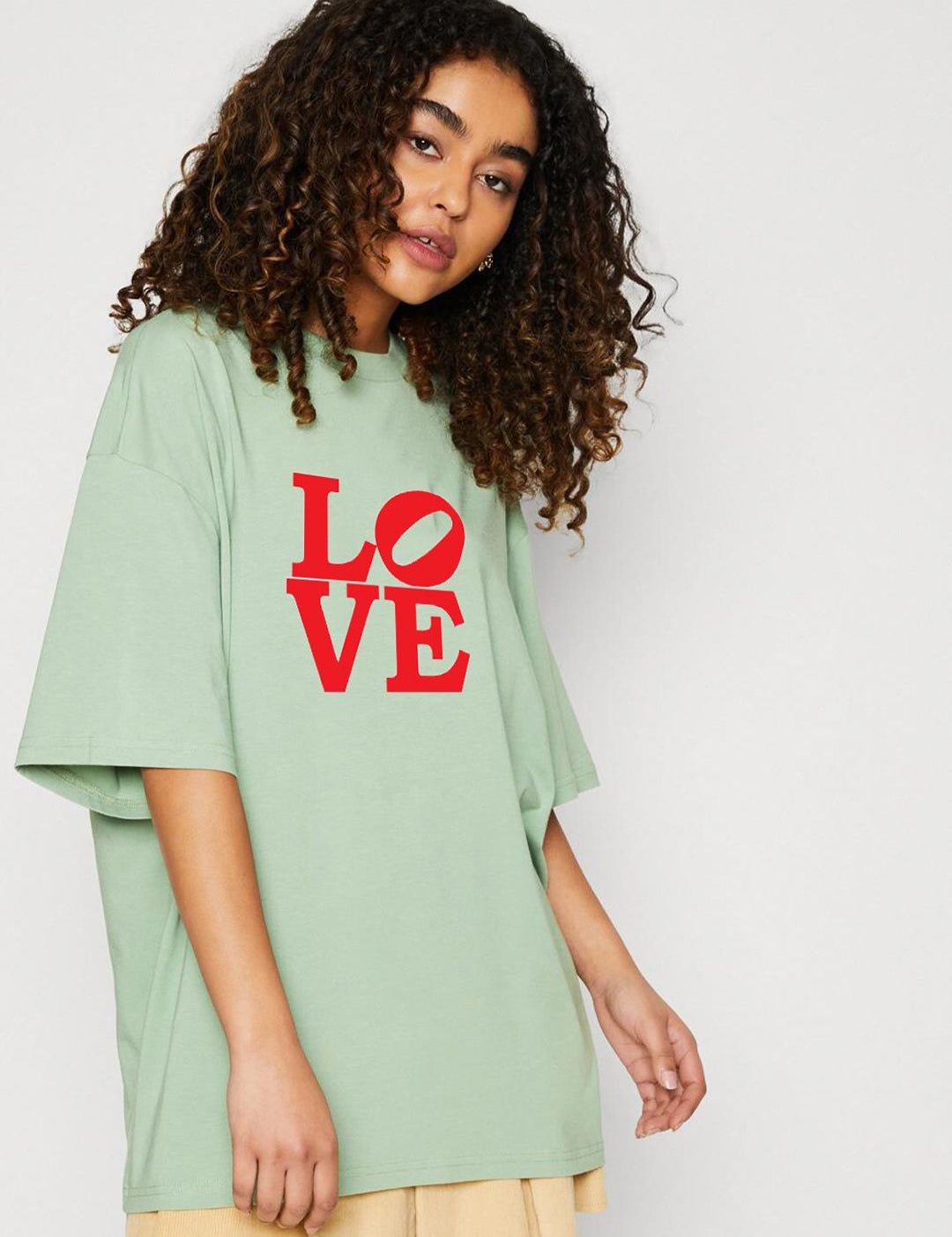 Kotty Green Typography Printed Drop-Shoulder Sleeves Oversized Cotton T-shirt
